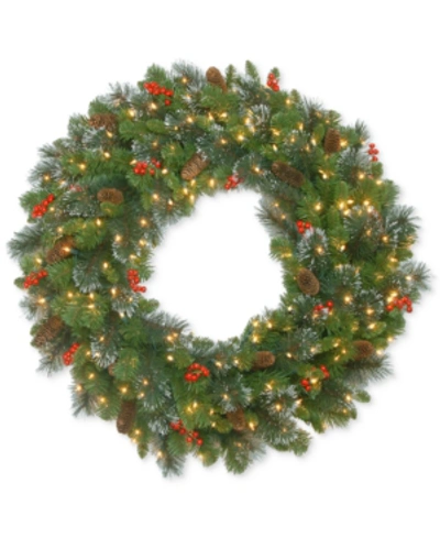National Tree Company 30" Crestwood Spruce Wreath With Pine Cones, Berries, Glitter & 70 Clear Lights In Green