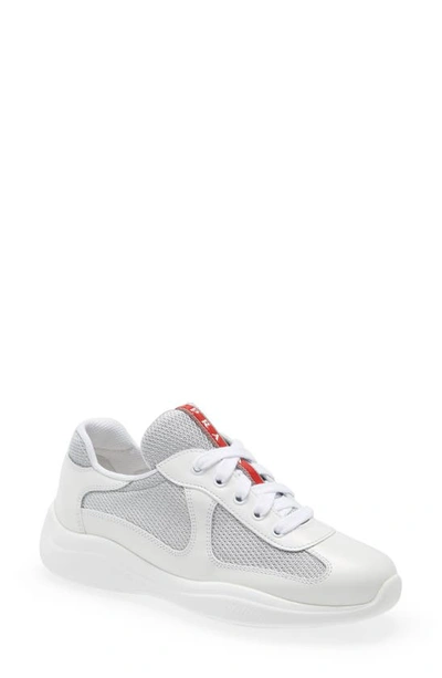 Prada America's Cup Vernice Patent Runner Sneakers In Bianco Argento