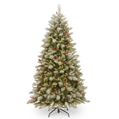National Tree Company National Tree 7.5' Feel Real Snowy Bristle Berry Hinged Tree With Red Berries, Mixed Cones 700 Dual In Green