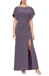 Alex Evenings Shimmer Flutter Sleeve Gown In Dark Plum