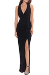 Betsy & Adam Long V-neck Wrap Jersey Ruched Gown In Black