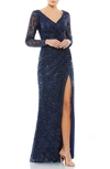 Mac Duggal Sequin Long Sleeve Gown With Plunging Neckline In Midnight Navy In Midnight