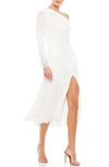 Mac Duggal One-shoulder Long Sleeve Chiffon Midi Dress In White