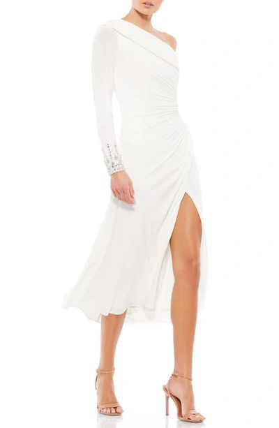 Mac Duggal One-shoulder Long Sleeve Chiffon Midi Dress In White