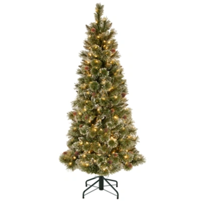 National Tree Company National Tree 5' Glistening Pine Pencil Slim Hinged Tree With Silver Glittered Cones & 150 Clear Lig In Green