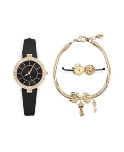 American Exchange Women's Black Strap Analog Watch 26mm With Glam Gold-tone Hearts And Keys Bracelet Cubic Zirconia Gi