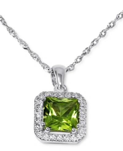 Macy's Peridot (7/8 Ct. T.w.) & Diamond (1/10 Ct. T.w.) Halo Pendant Necklace In 14k White Gold, 16" + 2" E