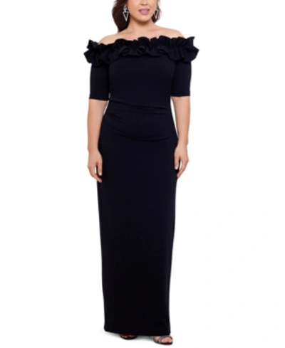 Xscape Plus Size Ruffled Off-the-shoulder Gown In Black