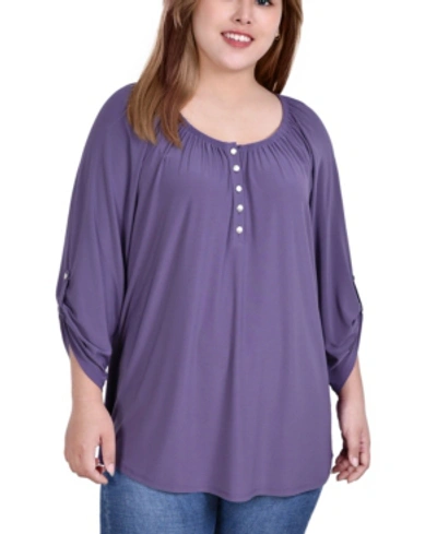 Ny Collection Plus Size 3/4 Roll Tab Sleeve Knit Henley Top In Imperial Purple