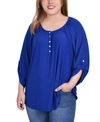 NY COLLECTION PLUS SIZE 3/4 ROLL TAB SLEEVE KNIT HENLEY TOP