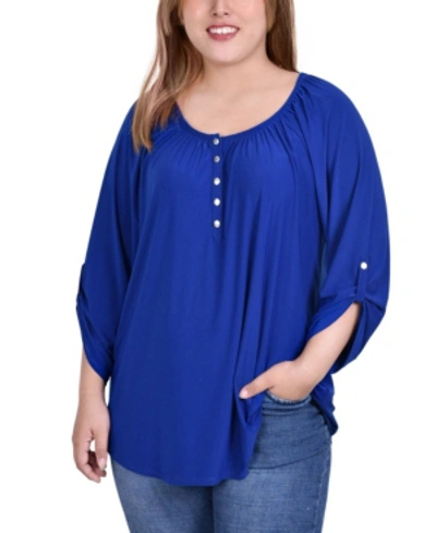 Ny Collection Plus Size 3/4 Roll Tab Sleeve Knit Henley Top In Surf The Web