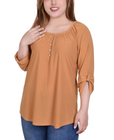 Ny Collection Plus Size 3/4 Roll Tab Sleeve Knit Henley Top In Golden Glow