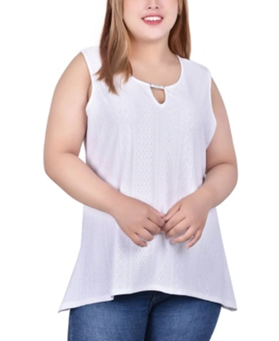 Ny Collection Plus Size Sleeveless Knit Eyelet Top With Hardware In White, Color Stripe