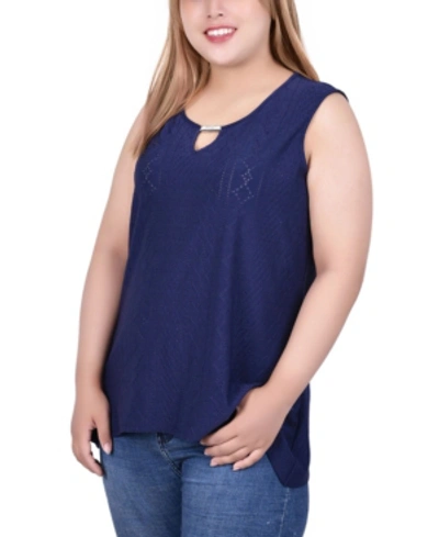 Ny Collection Plus Size Sleeveless Knit Eyelet Top With Hardware In Navy Color Stripe