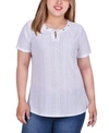 Ny Collection Petite Short Sleeve Knit Eyelet Pullover With Grommets In White