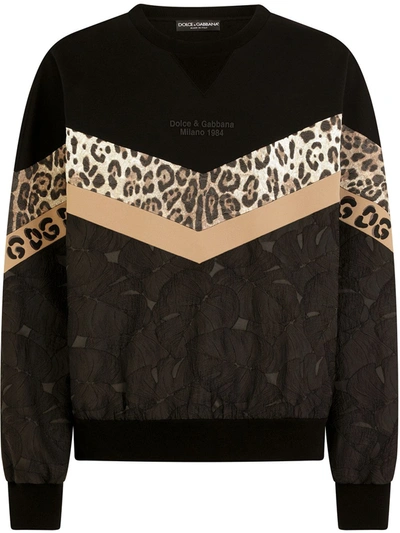 Dolce & Gabbana Mixed Fabric Sweatshirt With Leopard Intarsia With Patch In Black