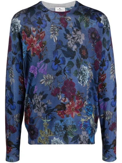 Etro Men's Floral-print Silk-cashmere Sweater In Navy Blue