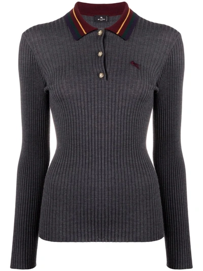 Etro Long-sleeved Ribbed-wool Polo Shirt In Grey