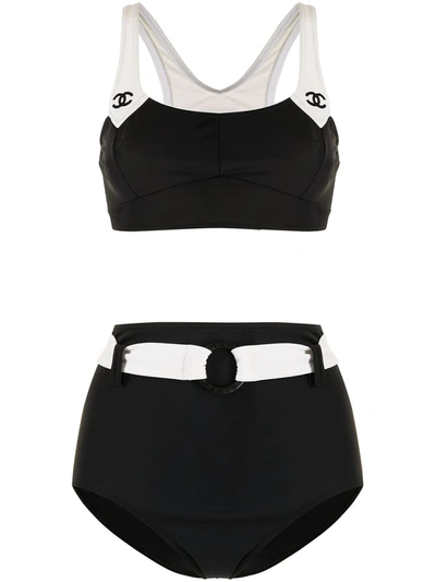Pre-owned Chanel 1990s Cc Belted Bikini Set In Black