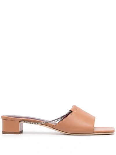 Staud Leah Leather Slide Sandals W/ Chain Trim In Brown