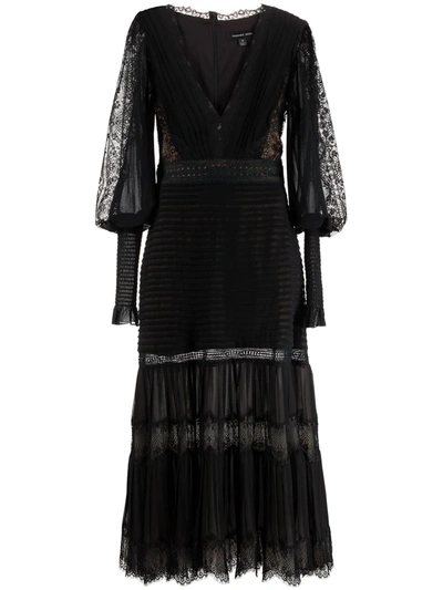 Tadashi Shoji Lace Pintuck Long Sleeve Midi Cocktail Dress In Black/ Nude