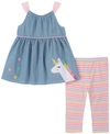KIDS HEADQUARTERS TODDLER GIRLS 2-PIECE STRETCH CHAMBRAY TUNIC TOP AND STRIPED CAPRI LEGGINGS SET
