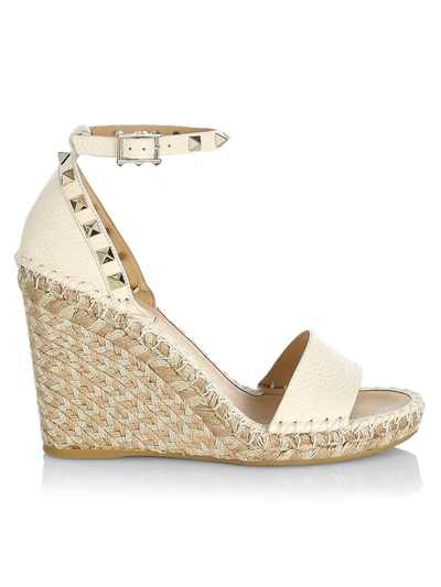 Valentino Garavani Rockstud Double Leather Espadrille Wedge Sandals In Light Ivory