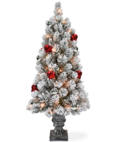 National Tree Company 4' Snowy Bristle Pine Entrance Tree With Urn Base, Ornaments & 70 Clear Lights In Green
