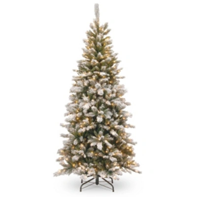 National Tree Company National Tree 7.5' Snowy Mountain Pine Slim Hinged Tree With 500 Clear Lights In Green