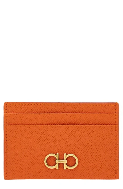 Ferragamo Gancini Leather Card Case In Satsuma Orange