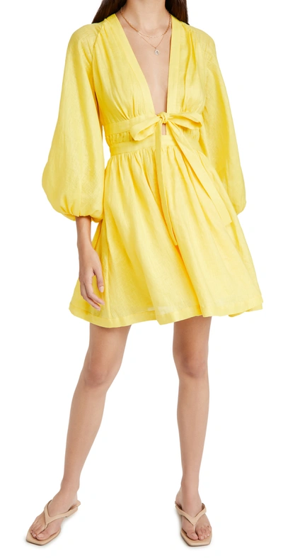 Zimmermann Shelly Plunge-neckline Linen Mini Dress In Gelb