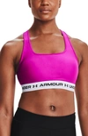 Under Armour Heatgear Mid Cross Back Sports Bra In Meteor Pink / White / Black