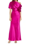 Amsale One-shoulder Fluid Satin Gown In Fuchsia