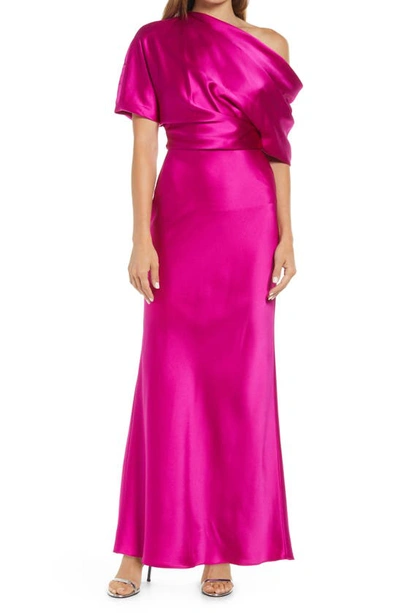 Amsale One-shoulder Fluid Satin Gown In Fuchsia