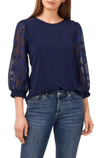 Cece Lace Sleeve Stretch Crepe Blouse In Navy J
