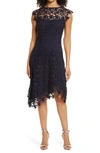 Eliza J Cap Sleeve Asymmetrical Lace Midi Dress In Navy