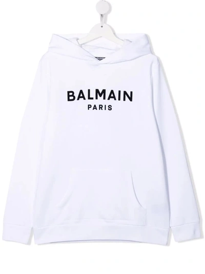 Balmain Teen Logo印花连帽衫 In White