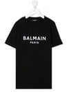 BALMAIN KIDS BLACK T-SHIRT WITH WHITE VELVET LOGO,6P8521-Z0003 930BC