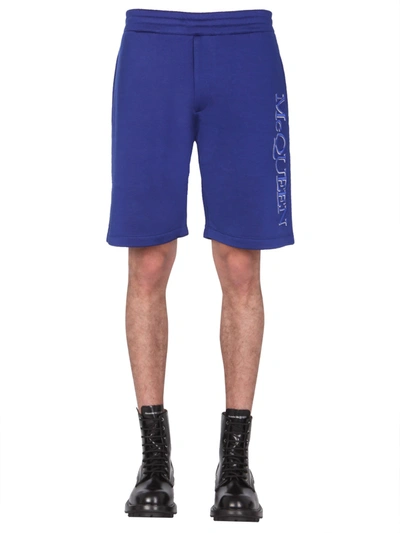 Alexander Mcqueen Men's Shorts With Embroidered Logo In Blue