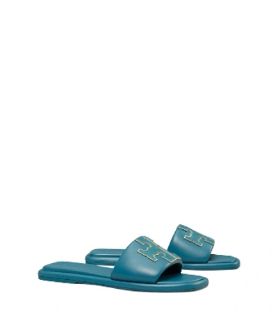 Tory Burch Double T Sport Slide Sandal In Brisk Blue/gold