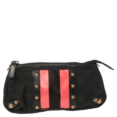 Pre-owned Gucci Black/coral Gg Canvas And Leather Web Clutch
