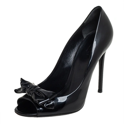 Pre-owned Gucci Black Patent Leather Bow Peep Toe Pumps Size 39.5