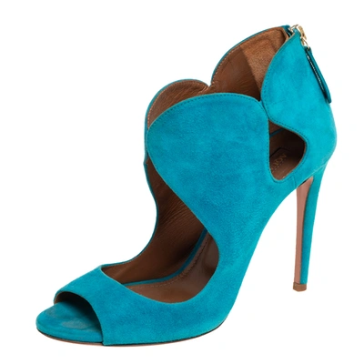 Pre-owned Aquazzura Blue Suede Cut Out Elle Peep Toe Sandals Size 36