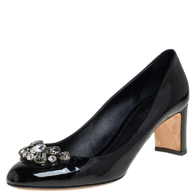 Pre-owned Dolce & Gabbana Black Patent Leather Crystal Embellished Block Heel Pumps Size 40