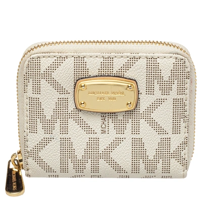 Pre-owned Michael Kors Micheal Kors White Signature Coated Canvas Zip Around Compact Wallet