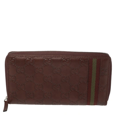 Pre-owned Gucci Ssima Leather Zip Around Wallet In Brown