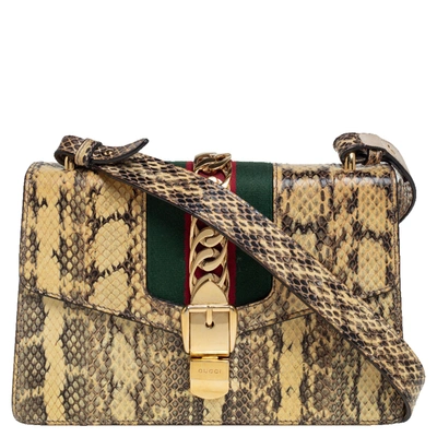 Pre-owned Gucci Cream Snakeskin Small Web Chain Sylvie Shoulder Bag