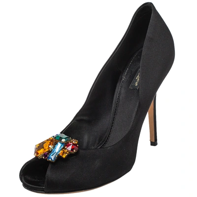 Pre-owned Dolce & Gabbana Black Satin Crystal Embellished Peep Toe Pumps Size 40