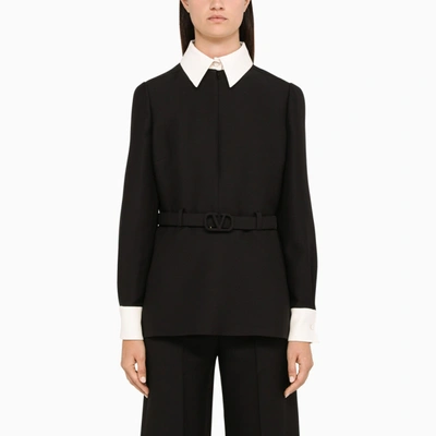 Valentino Belted Two-tone Wool And Silk-blend Crepe Shirt In Black