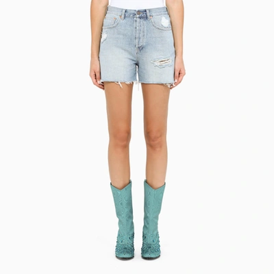 Gucci Frayed Shorts With Cat-print In Light Blue